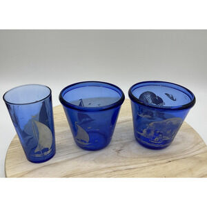 VTG Hazel Atlas Cobalt 2 Ice Buckets, 1 Glass Tumbler Etched Nautical Barware